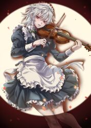  1girl absurdres apron blue_dress bow bow_(music) commentary_request cowboy_shot dress falling_petals green_bow grey_hair hair_bow highres holding holding_bow_(music) holding_instrument holding_violin instrument izayoi_sakuya juliet_sleeves korean_commentary kuya_(hey36253625) long_sleeves maid_headdress medium_hair petals playing_instrument puffy_sleeves red_eyes solo spotlight touhou violin waist_apron white_apron 