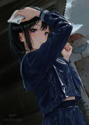  1girl black_hair blue_neckerchief blue_serafuku blush breasts grey_sky highres looking_at_viewer medium_hair midriff_peek neckerchief original outdoors pleated_skirt rain sailor_collar school_uniform serafuku skirt sky small_breasts solo standing viewpoint_(ie_moto) violet_eyes wet wet_clothes 