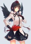  1girl bird_wings black_hair black_wings brown_gloves cibo_(killy) fan gloves hand_on_own_chest hat hat_ribbon highres long_sleeves looking_at_viewer pom_pom_(clothes) red_eyes ribbon shameimaru_aya shirt skirt solo tokin_hat touhou wings 