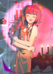  1girl :d alcohol artist_name bare_shoulders beer_can birthday birthday_cake bocchi_the_rock! bottle cake can candle candlelight choq3 closed_eyes confetti crown dress drink_can drooling english_commentary facing_viewer fang food green_dress happy happy_birthday highres hiroi_kikuri holding holding_bottle long_hair mini_crown red_hair red_ribbon refrigerator ribbon skin_fang sleeveless sleeveless_dress smile solo 