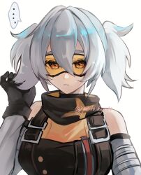  ... 1girl alternate_hairstyle bare_shoulders black_gloves breasts buckle commentary_request detached_sleeves glasses gloves hair_between_eyes highres soldier_11_(zenless_zone_zero) speech_bubble spoken_ellipsis tinted_eyewear twintails white_background white_hair yasiro_hayate yellow-tinted_eyewear zenless_zone_zero 