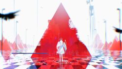  1girl absurdres angel bare_legs barefoot bird doremy dress english_commentary feathered_wings halo highres lamppost long_hair original reflection siren_head solo standing tile_floor tiles water white_dress white_hair wide_shot wings 