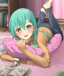  1girl :d alternate_costume barefoot blush casual cat denim error_musume feet_up green_eyes green_hair hair_ornament hairclip hat highres kantai_collection long_hair looking_at_viewer lying manga_(object) max_melon_teitoku minigirl on_stomach open_mouth pants pillow pillow_hug ribbed_sweater sailor_hat sleeves_past_wrists smile suzuya_(kantai_collection) sweater turtleneck 