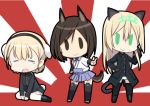  &gt;:) 3girls =_= animal_ears black_legwear blonde_hair blue_eyes braid brown_eyes brown_hair cat_ears cat_tail chibi closed_eyes dog_ears dog_tail green_eyes hairband hakama_skirt hand_on_hip heinrike_prinzessin_zu_sayn-wittgenstein hirschgeweih_antennas kuroda_kunika long_hair long_sleeves lowres military military_uniform multiple_girls open_mouth pantyhose puffy_long_sleeves puffy_sleeves rising_sun rosalie_de_hemricourt_de_grunne shimada_fumikane short_hair sitting skirt smile solid_oval_eyes strike_witches tail tears thigh-highs uniform v white_legwear 