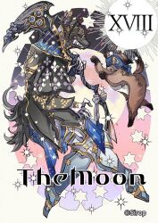  animal_ears artist_name bilingual_commentary card english_text full_body full_moon holding long_sleeves looking_at_another mixed-language_commentary moon original roman_numeral sharp_teeth simple_background sirop tarot tarot_card teeth the_moon_(tarot) 