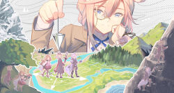 3girls absurdres arknights blue_eyes climbing earthspirit_(arknights) earthspirit_(major_field)_(arknights) elevation_contour_lines eyjafjalla_(arknights) goat_girl hand_on_own_cheek hand_on_own_face highres holding horizontal_pupils long_sleeves minuo monocle mountain multiple_girls outdoors pink_hair provence_(arknights) rainbow river sheep_girl smile tree wolf_girl 