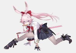  1girl absurdres animal_ears asymmetrical_gloves asymmetrical_sleeves bow bowtie bread bread_slice commentary_request evanescia_(honkai:_star_rail) flower food food_in_mouth gloves grey_pantyhose hair_flower hair_ornament high_heels highres honkai:_star_rail honkai_(series) korean_commentary ll_0109 long_hair mismatched_gloves mouth_hold pantyhose pink_hair pleated_skirt ponytail red_bow red_bowtie ruler skirt thigh_strap toast toast_in_mouth violet_eyes 
