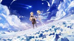 1boy 1girl absurdres aether_(genshin_impact) ahoge bad_source bare_shoulders blonde_hair boots braid brother_and_sister clouds cloudy_sky copyright_name detached_sleeves dress earrings field flower flower_field genshin_impact hair_flower hair_ornament highres inteyvat_flower_(genshin_impact) jewelry lumine_(genshin_impact) official_art official_wallpaper scarf shooting_star short_hair_with_long_locks short_sleeves siblings single_braid single_earring sky white_boots white_dress white_scarf yellow_eyes 