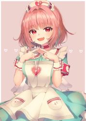  1girl :d ahoge angel_wings apron armband blue_shirt blue_skirt blush border choker commentary eyes_visible_through_hair fang frilled_apron frilled_shirt_collar frilled_skirt frilled_wrist_cuffs frills hair_between_eyes hair_intakes hands_up hanyu_mf hat heart idolmaster idolmaster_cinderella_girls index_fingers_together low_wings medium_hair nurse nurse_cap open_mouth outside_border pink_background pink_hair pleated_skirt red_armband red_choker red_eyes shirt short_sleeves simple_background skin_fang skirt smile solo white_apron white_border white_wrist_cuffs wings wrist_cuffs yumemi_riamu 