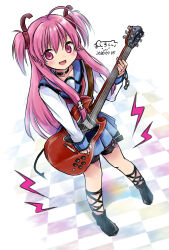  1girl :d ahoge angel_beats! black_boots black_choker black_ribbon blue_sailor_collar blue_skirt blush boots checkered_floor choker commentary dated dutch_angle electric_guitar eyebrows_hidden_by_hair fang full_body guitar hair_between_eyes hair_ribbon hand_up happy highres holding holding_guitar holding_instrument instrument leg_ribbon long_hair looking_at_viewer miniskirt neckerchief o-ring o-ring_choker open_mouth pink_eyes pink_hair pink_neckerchief playing_guitar playing_instrument pleated_skirt red_ribbon ribbon sailor_collar sailor_shirt shinda_sekai_sensen_uniform shirt sidelocks signature simple_background sinasia skirt sleeves_past_wrists smile solo standing straight_hair tareme thigh_strap two_side_up very_long_hair white_background white_shirt yui_(angel_beats!) 