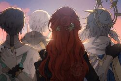  1girl 3boys black_hair blue_hair caelus_(honkai:_star_rail) clouds cloudy_sky commentary_request dan_heng_(honkai:_star_rail) dan_heng_(hunt)_(honkai:_star_rail) earrings energy_sword flower from_behind gloves grey_hair hair_bun hair_flower hair_ornament halo halo_behind_head hand_on_another's_back head_wings highres himeko_(honkai:_star_rail) honkai:_star_rail honkai_(series) hood hood_down jacket jewelry lightsaber long_hair multiple_boys nail_polish ouka_(stan) red_hair scrunchie short_hair single_glove sky sunday_(honkai:_star_rail) sunlight sword trailblazer_(honkai:_star_rail) watermark weapon wings wrist_scrunchie 