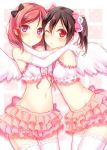  2girls angel angel_wings bangs black_hair blush bow elbow_gloves frilled_skirt frills gloves hair_bow highres hug lace lace-trimmed_thighhighs looking_at_viewer love_live!_school_idol_project multiple_girls navel nishikino_maki one_eye_closed red_eyes redhead ribbon short_hair skirt sleeveless smile standing stomach thigh-highs twintails violet_eyes white_legwear wings yazawa_nico yuuyu zettai_ryouiki 
