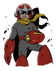 1boy 24guyh arm_cannon bodysuit commentary_request cropped_legs damaged floating_scarf grey_bodysuit helmet male_focus mega_man_(classic) mega_man_(series) proto_man red_helmet scarf shield shield_on_back simple_background solo standing sunglasses weapon white_background yellow_scarf 