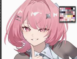  1girl art_program_in_frame finger_to_cheek hair_ornament highres looking_at_viewer medium_hair pink_eyes pink_hair pointy_ears portrait remielle_dan simple_background smile solo suwa_(swk_kkk) teeth white_background zenless_zone_zero 