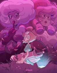  2girls artist_name cellphone colored_skin commentary diamond-shaped_pupils diamond_(gemstone) diamond_(shape) english_commentary finger_to_mouth fluffy_hair forehead_jewel gem gloves grass highres holding holding_sheath holding_sword holding_weapon long_hair multiple_girls pearl_(gemstone) pearl_(steven_universe) phone pink_diamond_(steven_universe) pink_eyes pink_gem pink_gloves pink_hair pink_skin puffy_short_sleeves puffy_sleeves ringlets rose_quartz_(steven_universe) sheath sheathed short_hair short_sleeves shushing smartphone steven_universe stomach_jewel sword symbol-shaped_pupils tearing_up weapon ytalosm2 