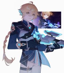  1boy absurdres aether_(genshin_impact) aether_(snezhnaya)_(genshin_impact) ahoge armor belt black_belt black_gloves blonde_hair blue_cape blue_jacket blue_shirt braid cape closed_mouth cowboy_shot derivative_work earpiece earrings english_commentary genshin_impact gloves gold_trim grey_armor grey_pants hair_between_eyes hair_ornament hair_ribbon hair_tubes hands_up highres holding jacket jewelry lapels long_hair long_sleeves looking_afar looking_down low-braided_long_hair low-tied_long_hair male_focus official_alternate_costume pants ribbon screenshot_redraw shirt shoulder_armor simple_background single_braid single_earring single_hair_tube solo standing suspicious_dish thigh_strap white_background white_ribbon yellow_eyes 
