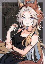  1girl ahoge animal_ears bare_shoulders black_dress blue_eyes collarbone commentary_request dress ear_covers gb_cestus gold_necklace highres horse_ears horse_girl jewelry long_hair looking_at_viewer multicolored_hair necklace official_alternate_costume open_mouth orange_hair orfevre_(umamusume) single_ear_cover sleeveless sleeveless_dress smile solo two-tone_hair umamusume white_hair 