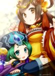  2girls :o bare_shoulders between_breasts blue_eyes blush breasts brown_eyes brown_hair china_dress chinese_clothes circlet cleavage da_qiao_&amp;_xiao_qiao detached_collar detached_sleeves female green_hair hair_ornament hair_rings hat hug long_hair long_sleeves multiple_girls open_mouth puzzle_&amp;_dragons short_hair sparkle twitter_username yamanashi_taiki 