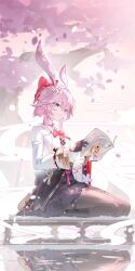  1girl absurdres animal_ears asymmetrical_gloves black_gloves black_pantyhose black_skirt bow bowtie caisena chinese_commentary commentary_request evanescia_(honkai:_star_rail) flower fox_ears fox_girl gloves hair_between_eyes hair_bow hair_flower hair_ornament highres holding honkai:_star_rail honkai_(series) long_sleeves mismatched_gloves pantyhose parted_lips partially_fingerless_gloves pink_hair red_bow red_bowtie seiza shirt short_hair sitting skirt solo white_gloves white_shirt wide_sleeves yellow_eyes 