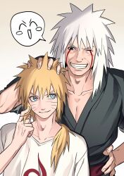  2boys blonde_hair blue_eyes commentary_request facial_mark highres jiraiya_(naruto) korean_commentary long_hair male_focus margherita1827 multiple_boys naruto_(series) naruto_shippuuden smile spiky_hair teacher_and_student uzumaki_naruto white_hair 