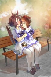  3girls agnes_digital_(umamusume) animal_ears aston_machan_(umamusume) bench binoculars blush bow brown_hair closed_mouth commentary commission corrupted_twitter_file crossed_arms crown day desuuuu drooling english_commentary frilled_skirt frills green_eyes grey_hair hair_bow hair_ornament hair_over_one_eye hair_scrunchie hiding highres holding holding_binoculars horse_ears horse_girl horse_tail leaning_on_person leaning_to_the_side long_hair low_ponytail medium_hair miniskirt multicolored_hair multiple_girls nose_blush on_bench one_eye_covered one_side_up open_mouth outdoors park_bench pink_hair ponytail red_scrunchie school_uniform scrunchie shirt shoes short_sleeves side-by-side sitting skirt smile surprised tail tail_raised thigh-highs tracen_school_uniform two-tone_hair umamusume unworn_crown vodka_(umamusume) yuri zettai_ryouiki 