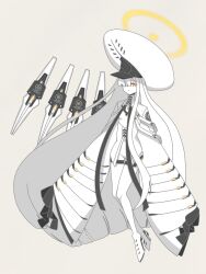  1girl blue_archive colored_skin fin_funnels flat_chest grey_background hair_over_one_eye halo highres large_hat long_hair looking_at_viewer malkuth_(blue_archive) simple_background sleeves_past_fingers sleeves_past_wrists solo symbol-shaped_pupils tamago_szai very_long_hair white_hair white_skin wide_sleeves x-shaped_pupils yellow_eyes yellow_halo 