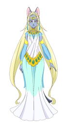  1girl alien animal_ears blonde_hair cat_ears cat_girl cat_tail circlet closed_mouth dress furry furry_female green_eyes official_art olyfio precure see-through_clothes see-through_sleeves solo star_twinkle_precure tail transparent_background white_dress 