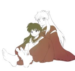  1boy 1girl animal_ears barefoot bead_necklace beads closed_mouth commentary_request dog_boy dog_ears feet foot_focus frown full_body higurashi_kagome inuyasha inuyasha_(character) japanese_clothes jewelry limited_palette long_hair necklace sailor_collar sitting slit_pupils smile tooth_necklace zunko 