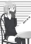  1girl alternate_costume artist_name bespectacled book bra chair covering_mouth dated glasses greyscale highres long_sleeves miniskirt monochrome over-kneehighs sanya_v_litvyak seedflare semi-rimless_glasses short_hair sitting skirt solo strike_witches striped striped_background sweater table thigh-highs under-rim_glasses underwear 