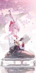  1girl absurdres animal_ears asymmetrical_gloves black_gloves black_pantyhose black_skirt bow bowtie caisena chinese_commentary commentary_request evanescia_(honkai:_star_rail) flower fox_ears fox_girl gloves hair_between_eyes hair_bow hair_flower hair_ornament highres holding honkai:_star_rail honkai_(series) long_sleeves mismatched_gloves pantyhose parted_lips partially_fingerless_gloves pink_hair red_bow red_bowtie seiza shirt short_hair sitting skirt solo violet_eyes white_gloves white_shirt wide_sleeves yellow_eyes 