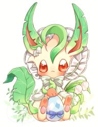  absurdres blush bonnet brown_eyes closed_mouth clothed_pokemon commentary_request easter_egg egg flower highres leaf leafeon no_humans no_sclera pokemon pokemon_(creature) pokemon_focus sitting smile uoxou_470 white_background 
