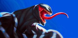  1boy black_skin blue_background body_markings colored_skin english_commentary highres long_tongue marvel marvel_rivals maxillary_rictus muscular muscular_male open_mouth saliva sharp_teeth simple_background solo spider-man_(series) su_annie teeth tongue venom_(marvel) 