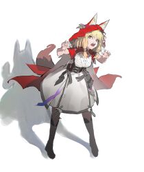  1girl absurdres ailiailiai_7th animal_ears arknights arknights:_endfield blonde_hair boots chinese_commentary claw_pose commentary dress ears_through_headwear full_body highres hood hood_up looking_at_viewer open_mouth rossi_(arknights) simple_background skirt solo standing tail white_background white_dress wolf_tail 