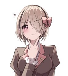  1girl blush bow brown_hair closed_mouth hair_bow hair_over_one_eye heart heaven_burns_red kayamori_ruka looking_at_viewer one_eye_covered pink_bow puyopiku red_eyes short_hair simple_background upper_body v v_over_head white_background 