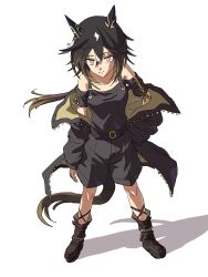  1girl absurdres alt_text animal_ears bare_shoulders black_boots black_hair black_jacket black_shirt black_shorts boots breasts brown_eyes brown_hair closed_mouth collarbone commentary_request ear_covers hair_between_eyes highres horse_ears horse_girl horse_tail jacket jacket_partially_removed long_hair looking_at_viewer multicolored_hair official_alternate_costume open_clothes open_jacket perdpersone shirt shorts simple_background small_breasts smile solo standing stay_gold_(umamusume) streaked_hair tail umamusume white_background white_hair 