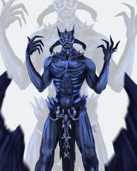  1boy black_loincloth blue_eyes bone colored_skin commentary cowboy_shot demon demon_boy demon_horns facing_viewer fangs fingernails glowing glowing_eyes grey_skin highres horns long_fingernails male_focus molag_bal no_pupils open_hands russian_commentary sharp_teeth signature skull solo spikes standing teeth the_elder_scrolls the_elder_scrolls_online theoshi_t white_background 