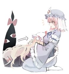  2girls arrow_(symbol) blonde_hair blue_hat blue_kimono breasts commentary_request dress frilled_kimono frilled_sleeves frills gap_(touhou) hat hat_ribbon highres hug japanese_clothes kimono long_hair long_sleeves medium_breasts medium_hair mob_cap multiple_girls onigiri_222x714 pink_eyes pink_hair purple_dress ribbon saigyouji_yuyuko simple_background sitting touhou triangular_headpiece very_long_hair white_background wide_sleeves yakumo_yukari yuri 