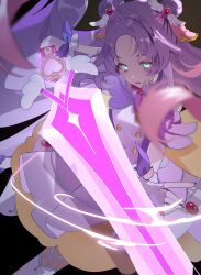  1girl akechi_anna answer_hanamaru_sword black_background blue_eyes capelet commentary_request cure_answer dress glove_bow glove_ribbon glowing glowing_eyes highres holding holding_sword holding_weapon huge_weapon long_hair looking_at_viewer meitantei_precure! natadekoko_(nata_hfa) parted_lips precure purple_capelet purple_dress purple_hair solo sword thigh-highs very_long_hair weapon white_thighhighs 