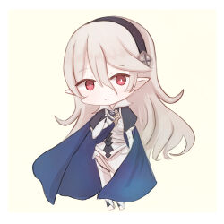  1girl absurdres black_hairband blue_cape cape female_corrin_(fire_emblem) fire_emblem fire_emblem_fates hair_between_eyes hairband highres kotaneko0w0 long_hair looking_at_viewer pointy_ears red_eyes solo 