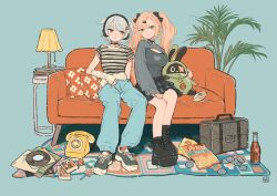  2girls amillion_(zenless_zone_zero) anby_demara ankle_boots antique_phone bag_of_chips bangboo_(zenless_zone_zero) black_boots black_skirt blue_pants boots bottle candy commentary_request couch cushion desk_lamp earrings food green_eyes grey_hair hair_ornament hairclip headphones heart heart_earrings highres jewelry lamp leg_warmers lollipop looking_at_viewer multiple_girls nicole_demara on_couch pants phone pink_hair plant platform_boots red_eyes rotary_phone rug shiro_chan46 shirt shoelaces shoes sitting skirt sneakers soda_bottle striped_clothes striped_shirt suitcase t-shirt twintails two-tone_shirt vinyl_record zenless_zone_zero 