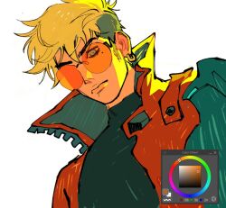  1boy alt_text black_hair blonde_hair blue_eyes closed_mouth commentary cranity earrings from_below high_collar jewelry male_focus mole multicolored_hair orange-tinted_eyewear round_eyewear simple_background solo sunglasses tinted_eyewear trigun trigun_stampede turtleneck two-tone_hair undercut vash_the_stampede white_background 