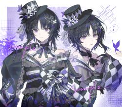  1girl anandebaba bare_shoulders black_gloves black_hair black_hat black_kimono bug butterfly butterfly_hair_ornament butterfly_hat_ornament checkered_sleeves chinese_commentary commentary_request commission cowboy_shot flower frilled_sleeves frills gloves hair_ornament hat hat_flower hat_ornament highres housho_margo japanese_clothes kimono lolita_fashion long_sleeves looking_at_viewer mahou_shoujo_no_majo_saiban mini_hat mini_top_hat multiple_views musical_note open_mouth parted_bangs purple_background purple_butterfly sample_watermark short_hair smile spoken_musical_note top_hat violet_eyes wa_lolita watermark wide_sleeves 