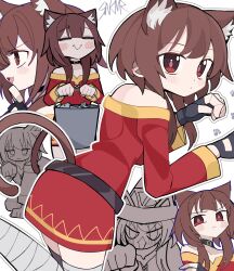  1girl :< :d =_= animal animal_ear_fluff animal_ears artist_name asymmetrical_legwear bandaged_leg bandages bare_shoulders belt black_belt black_choker black_dress black_gloves black_thighhighs blush blush_stickers bright_pupils brown_hair bucket c: cat_ears cat_girl cat_tail choker clenched_hand closed_eyes closed_mouth commentary crossed_arms curled_fingers dot_mouth dress fish fish_in_bucket from_side gloves hair_between_eyes hair_over_shoulder hand_on_own_chin hat highres holding holding_animal holding_bucket holding_fish kemonomimi_mode kono_subarashii_sekai_ni_shukufuku_wo! leg_up long_sleeves looking_at_viewer megumin mismatched_legwear multiple_views off-shoulder_dress off_shoulder open_mouth outline partially_colored paw_pose paw_print paw_print_background raised_eyebrows reaching reaching_towards_viewer red_eyes short_dress short_hair short_hair_with_long_locks sidelocks signature simple_background single_thighhigh skindentation skmr_neo smile solo_focus squatting standing standing_on_one_leg tail thigh-highs v-shaped_eyebrows white_background white_outline witch_hat yellow_trim zettai_ryouiki 