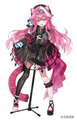  1girl animal_ears asymmetrical_footwear asymmetrical_legwear black_dress black_gloves black_shoes black_thighhighs commentary_request dress fingerless_gloves floating_hair full_body gloves hand_up highres holding holding_microphone_stand hololive hololive_english kneehighs komiya_latte long_hair looking_at_viewer microphone_stand mismatched_footwear mismatched_legwear multicolored_hair official_art open_mouth panther_ears panther_girl panther_tail partially_fingerless_gloves pink_hair raora_panthera shoes simple_background single_glove smile socks solo standing tail thigh-highs two-tone_hair uneven_legwear very_long_hair white_background white_shoes white_socks 
