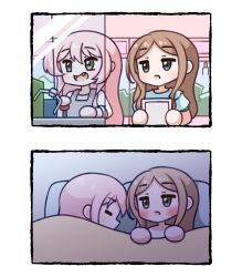  2girls bang_dream! bang_dream!_it's_mygo!!!!! blue_eyes blue_shirt brown_hair chibi chibi_only chihaya_anon commentary crane_game english_commentary fang grey_eyes highres jiwon_(sj1) long_hair multiple_girls nagasaki_soyo open_mouth pink_hair shirt sleeping underwear yuri 
