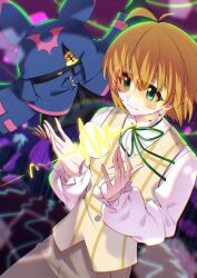  1boy bat_(animal) blonde_hair blue_eyes chiropmon digimon digimon_(creature) digimon_beatbreak highres hood hood_up kuonji_makoto mal_fallon sapotama shirt sweater tinted_eyewear tyks_yuzu white_shirt yellow-tinted_eyewear yellow_eyes yellow_sweater 