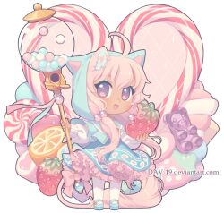  1girl :d accurate_lolita_coord ahoge animal_ears animal_hood blue_capelet blue_dress blue_eyeshadow blue_shoes candy candy_cane capelet cat_ears cat_girl cat_hood cat_tail chibi chibi_only commentary commission dark-skinned_female dark_skin dav-19 dress english_commentary eyeshadow food frilled_dress frills fruit gumball_machine gummy_bear heart holding holding_food holding_staff hood hood_up hooded_capelet lolita_fashion looking_at_viewer low_twintails makeup marshmallow original pastel_colors peppermint pink_hair shoes smile solo staff strawberry sweet_lolita tail thigh-highs transparent_background twintails violet_eyes white_thighhighs yume_kawaii 