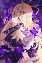  1girl absurdres antenna_hair black_bow black_bowtie black_capelet black_dress blonde_hair blush border bow bowtie bug butterfly capelet commentary_request crossed_bangs cure_arcana_shadow dress frilled_capelet frills hair_between_eyes hair_bow hair_intakes hand_up highres index_finger_raised long_hair looking_at_viewer magical_girl meitantei_precure! moria_luluka parted_lips pink_eyes precure purple_butterfly solo upper_body watamaru1235 wrist_cuffs 