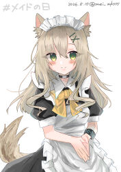  1girl absurdres alternate_costume animal_ear_fluff animal_ears apron arknights black_choker black_dress blonde_hair blush choker closed_mouth collared_dress commentary_request dated dog_ears dog_girl dog_tail dress enmaided frilled_apron frilled_dress frills green_eyes hair_between_eyes hair_ornament hairclip highres infection_monitor_(arknights) long_hair looking_at_viewer maid maid_apron maid_headdress mei_aksss multiple_hair_clips neck_ribbon own_hands_together podenco_(arknights) puffy_short_sleeves puffy_sleeves ribbon short_sleeves smile solo tail translation_request twitter_username upper_body waist_apron white_apron x_hair_ornament yellow_ribbon 