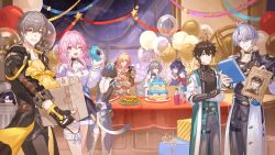  3girls 5boys absurdres ahoge antenna_hair armor arms_behind_back backless_leotard balloon black_gloves black_jacket black_leotard black_pants black_shirt blue_eyes blue_skirt book bottle box breasts bronya_rand brown_hair caelus_(honkai:_star_rail) cake camera cat_girl cat_tail chest_tattoo cipher_(honkai:_star_rail) coat commentary cowboy_shot crossed_arms cup dan_heng_(honkai:_star_rail) dan_heng_(hunt)_(honkai:_star_rail) drinking_glass earrings english_commentary fingerless_gloves food gift gloves green_eyes grey_hair guest_art hair_between_eyes highres holding holding_book holding_box holding_camera honkai:_star_rail honkai_(series) hooded_leotard in_container in_trash_can jacket jewelry leotard long_hair looking_at_another looking_at_viewer march_7th_(honkai:_star_rail) march_7th_(preservation)_(honkai:_star_rail) medium_breasts multicolored_eyes multiple_boys multiple_girls mydei_(honkai:_star_rail) open_mouth pants parted_lips peeking_out phainon_(honkai:_star_rail) pink_eyes pink_hair pointing pointing_at_another purple_hair red_tattoo sampo_koski second-party_source seele_(honkai:_star_rail) shirt short_hair shoulder_armor skirt smile tail tanemaki_monaka tattoo trailblazer_(honkai:_star_rail) trash_can two-tone_eyes very_long_hair violet_eyes wanted_poster white_coat white_hair white_shirt yellow_eyes 
